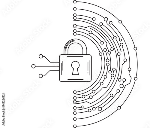 Padlock icon with digital circuit board lines and nodes, symbolizing cybersecurity and data protection in technology.