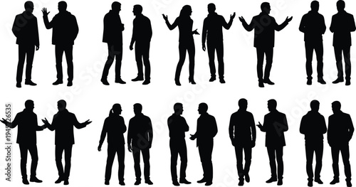 Silhouettes of people engaged in conversation, teamwork, dialogue, interpersonal communication, group discussion, social interaction, exchanging ideas, collaboration, communication skills