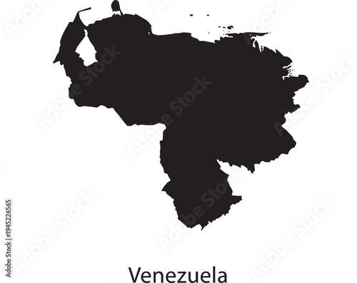 Silhouette map of Venezuela with the country name in black text below on a white background. featuring South America, geography, nation with outline