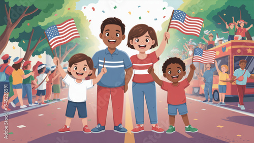 Happy diverse family with kids waving american flags in a festive street parade with confetti and crowd