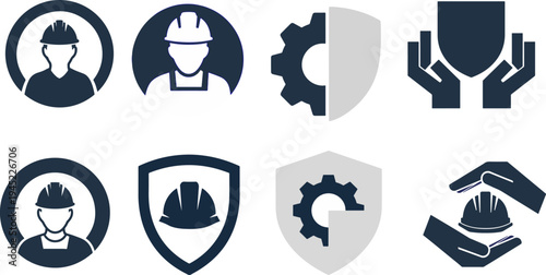 Industrial Safety Icons Featuring Workers Helmets Shields and Gears Promoting Workplace Protection and Security Awareness