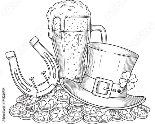 Leprechaun hat with clover, overflowing beer mug, horseshoe, and shamrock coins, St. Patrick's Day celebration.