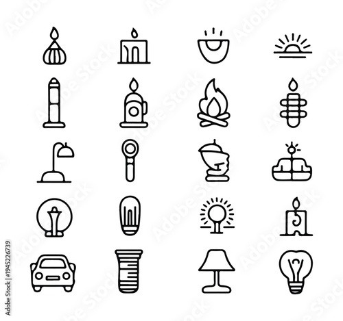 Collection of 16 outline icons depicting various light sources illumination elements and shining lamps
