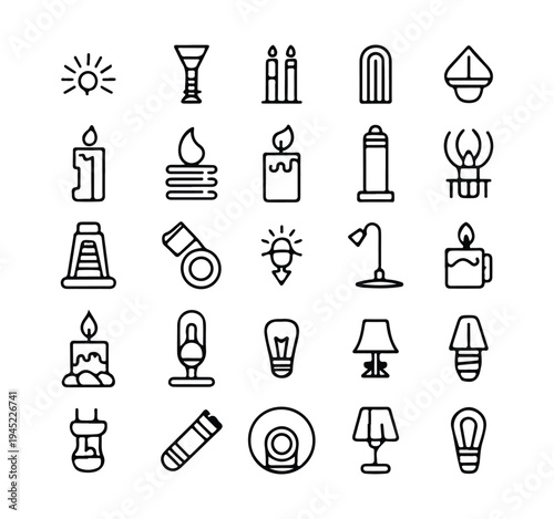 Set of 25 different lighting icons featuring various lightbulbs candles lanterns and illumination devices