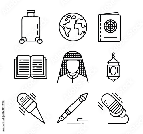 Collection of 9 icons featuring travel documents middle eastern culture literature and media elements