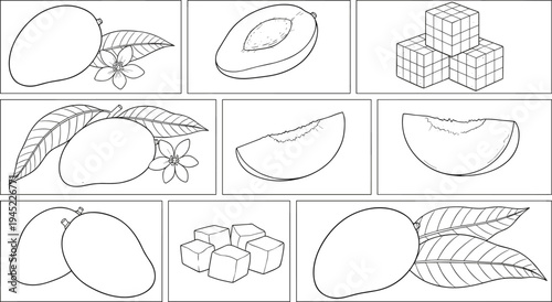 Black and white illustration of nine mango icons including whole fruits, slices, cubes, and leaves arranged in grid representing tropical fruit, food design, and artwork
