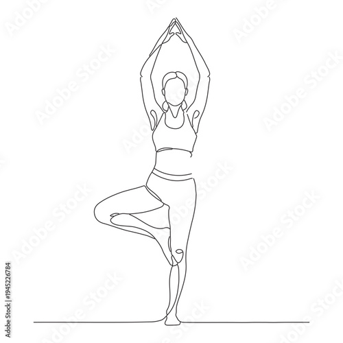 Minimalist line art of a woman practicing yoga in tree pose