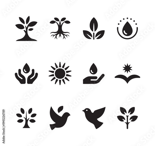 Set of twelve black silhouette icons representing nature ecology growth conservation and environment