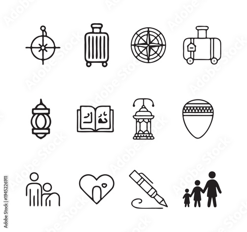Travel and religious icons set with luggage compass lantern family and quran book hand drawn style