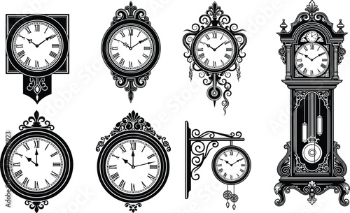 Vintage antique clock collection featuring grandfather clocks wall hanging timepieces and ornate Roman numeral dials cad drawing flat vector illustration.