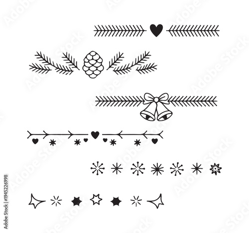 Christmas fir branches, heart, pinecone, bells and star vector decorative borders and dividers