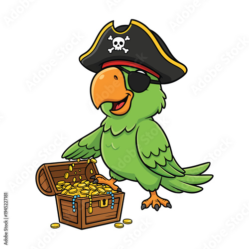 Cool parrot pirate with an eye patch guarding a gold treasure in a vector illustration.