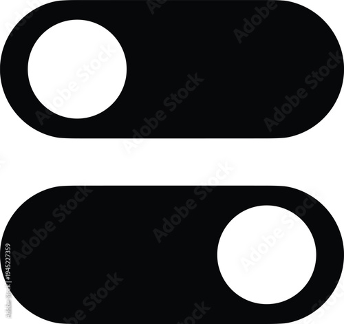 Black and white illustration of toggle switch icons showing on and off positions, representing user interface design, digital settings, and interactive control elements