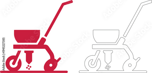 Red and black silhouettes of manual seed drills