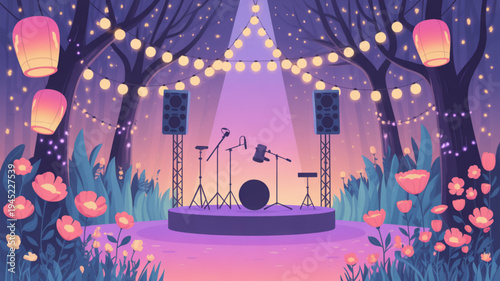 Concert stage in whimsical garden at dusk with lanterns and flowers music festival setup with instruments and lights
