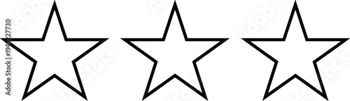 Black outline illustration of three identical five-pointed stars arranged horizontally in a row, representing rating system, geometric design, and symbolic artwork concepts