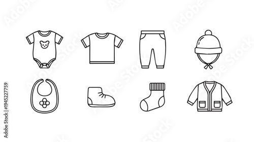 Baby Clothes Icons SetBodysuit T-shirt Pants Hat Bib Boot Sock Jacket