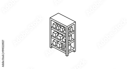 Isometric line art illustration of a tall shelving unit filled with boxes, representing storage and organization.