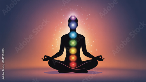 Person meditating in lotus position with colorful chakra symbols on body against orange background