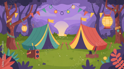 Colorful tents and camping gear in a serene forest at dusk with string lights and lanterns