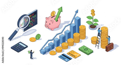 Isometric Financial Growth Illustration with Piggy Bank and Rising Graph.
