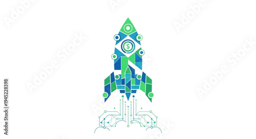 Stylized Rocket Ship with Circuit Board and Brazilian Flag Design.