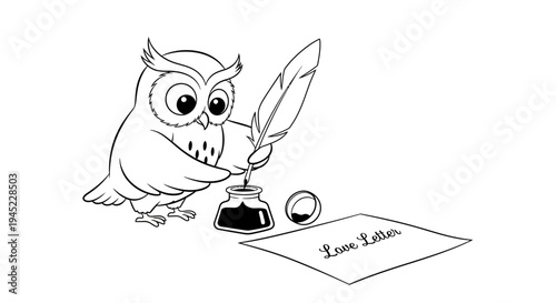 Cute Owl Writing Love Letter with Feather Pen and Inkwell