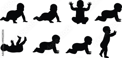 Black silhouettes of babies in various developmental stages including crawling sitting lying and walking on a white background for parenting and childcare design projects