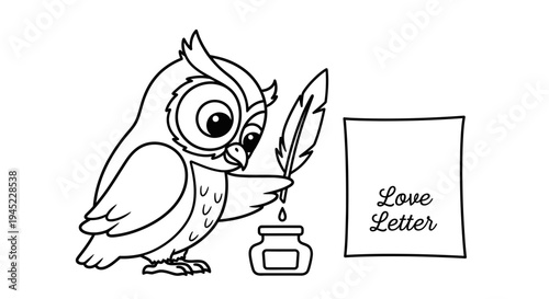 Cute Owl Writing Love Letter with Feather Pen and Inkwell