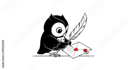 Cute Owl Writing Love Letter with Quill and Envelope
