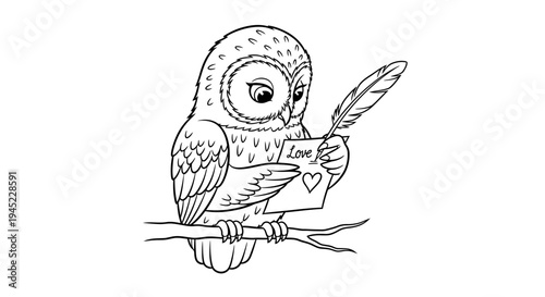 Cute Owl Writing Love Letter with Quill Pen on Branch
