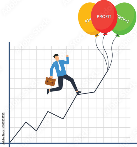 Businessman running upward profit balloons business growth financial success market strategy achieving goals investment return successful career upward trend flat design