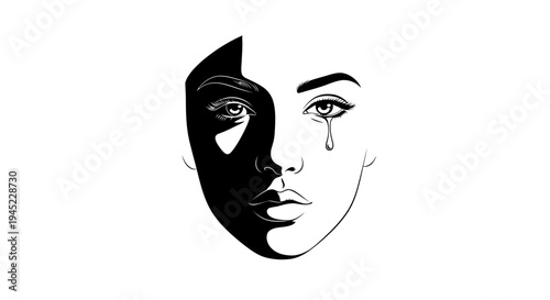 Dramatic Black and White Portrait of a Crying Woman with Half Face in Shadow
