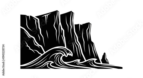 Dramatic Black and White Illustration of Crashing Waves Against Jagged Cliffs