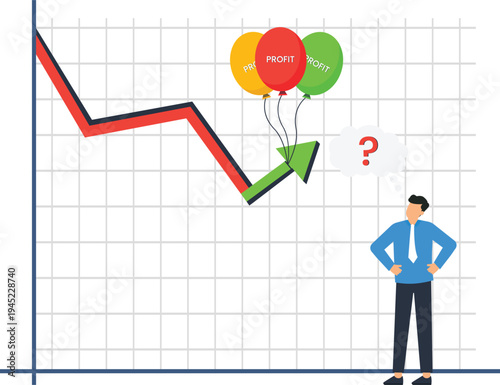 Financial graph showing market volatility, business recovery, profit rebound, uncertain future, businessman analyzing data, economic turning point, stock market analysis
