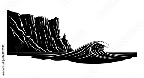 Dramatic Black and White Wave Crashing Against Rugged Cliffs at Sea