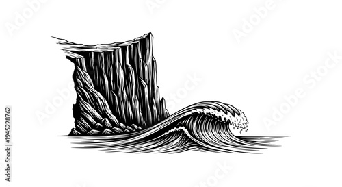Dramatic Cliff Face Meets Crashing Ocean Wave in Vintage Engraving Style