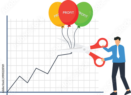 Businessman cutting financial profit business strategy market growth economic downturn cost reduction scissors cutting investment risk corporate decision profit balloons line graph data analysis