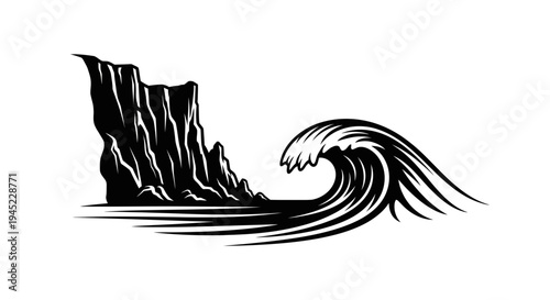 Dramatic Cliff Face Meets Crashing Ocean Wave in Bold Black and White Graphic