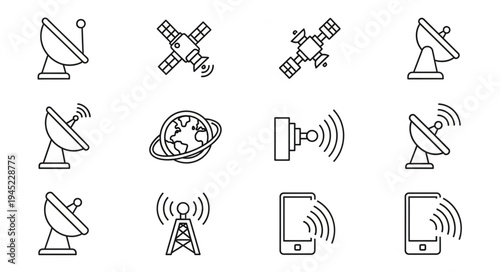 Communication Technology Icons - Satellite Dishes, Earth, and Mobile Devices.