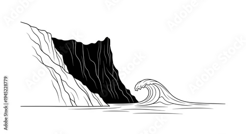 Dramatic Cliff Face Meets Crashing Ocean Wave in Stark Black and White