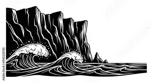 Dramatic Cliff Face Overlooking Crashing Ocean Waves in Black and White