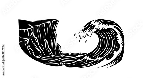 Dramatic Ocean Wave Crashing Against Rugged Cliff Face, Black and White Illustration