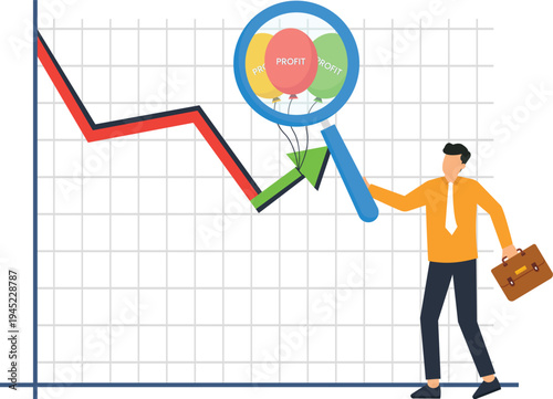 Financial chart analysis showing market strategy and profit maximization, businessman examining trend reversal, investment success visualization, corporate growth concept.