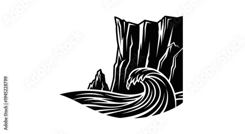 Dramatic Ocean Wave Crashing Against Rugged Cliffs, Black and White