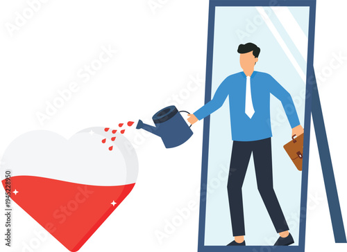 Businessman nurturing self love personal growth mental health inner reflection emotional wellness self care heart symbol mirror image psychological concept