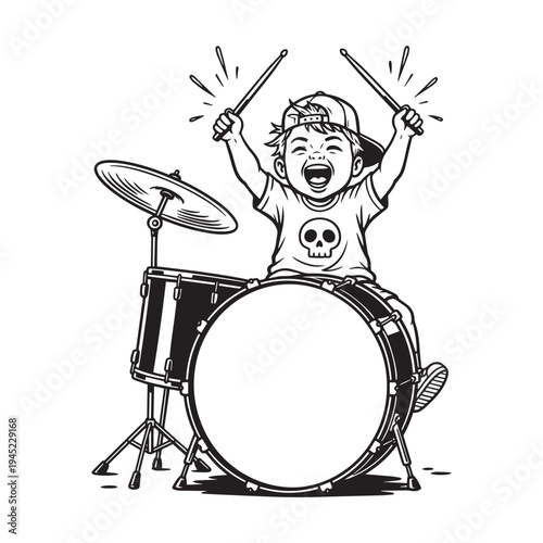 Happy kid playing a drum set with sticks in a black and white vector illustration.