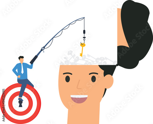 Businessman fishing golden key from open mind representing problem solving, creative thinking, business strategy, finding solution, target audience, success concept