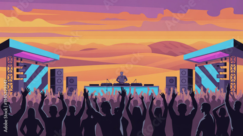 Vibrant music festival crowd dancing at colorful outdoor concert with dj at sunset