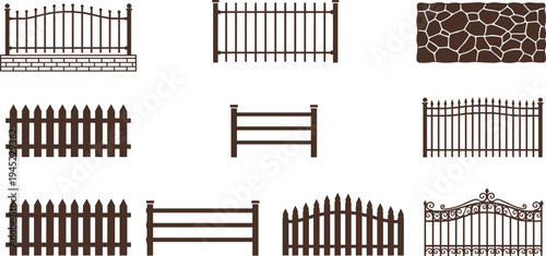 Collection of decorative fence icons set, wooden picket, metal garden railing, stone wall barrier silhouettes isolated, property boundary protection symbols for landscaping and security design